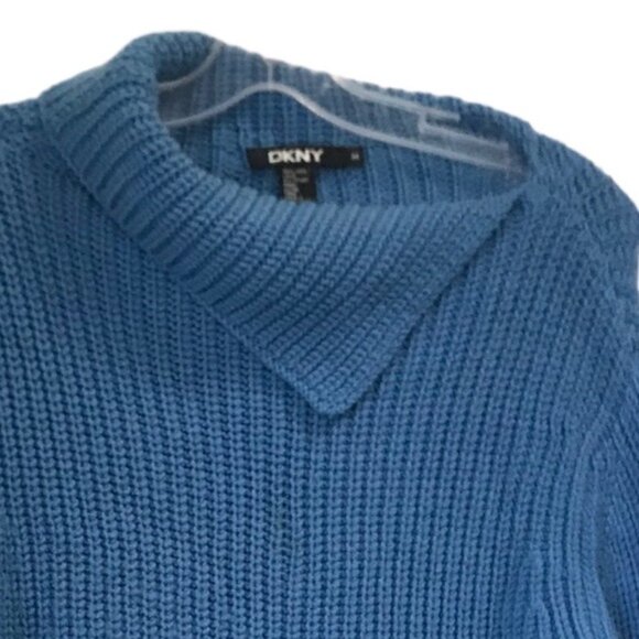DKNY Chucky Wool Ribbed Knit Sweater Side Mock Neck Soft Cozy Oversized Blue M - Picture 7 of 15